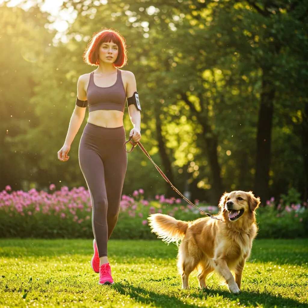 a walking girl along with her dog