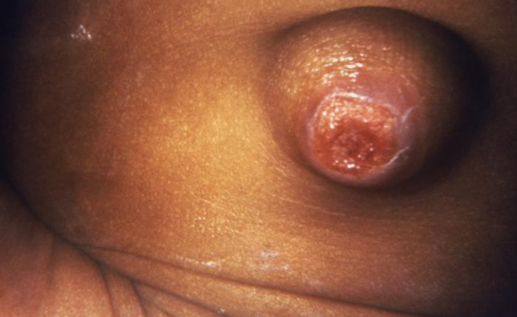 umbilical-abnormalities-infection This image depicted the umbilicus of an infant, which displayed an inflamed lesion that under a dark field examination revealed the presence of Treponema pallidum spirochetes, and hence, a diagnosis of congenital syphilis was made.